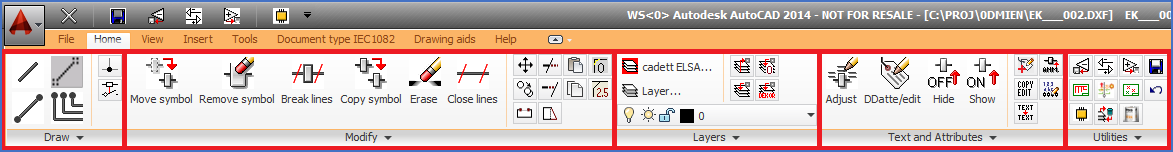 Figure 722:  The “Home tab” consists of 5 “panels”, marked in red above