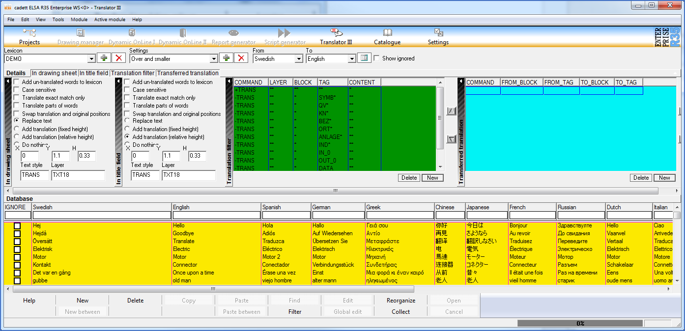 Figure 1544:  Here, the background colour of the lexicon has been set to yellow, the translation filter to dark green, and the transferred translation to light blue.