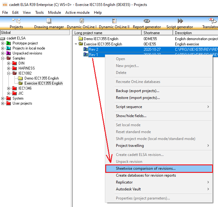 Figure 1478:  Sheet-wise comparison is selected using the context menu in the Project Module.