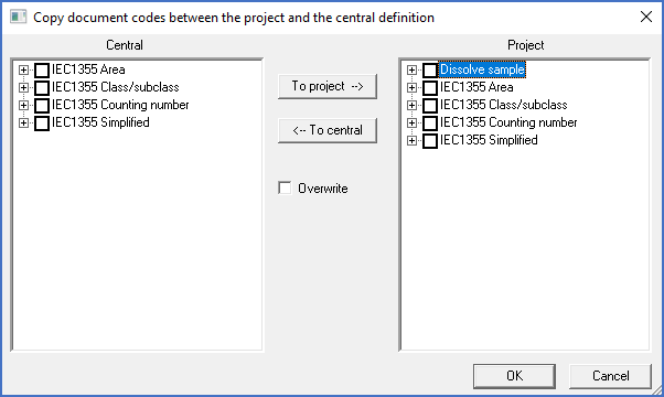 Figure 626:  The dialogue box used to copy document codes both ways between the project and the central definition. In this case the DCC and PLANT trees are not yet available centrally. After copying them they will however be that.