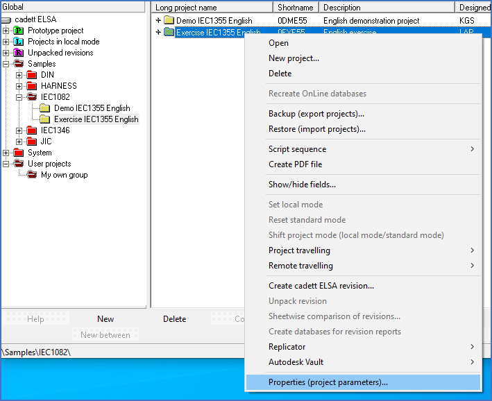 Figure 98:  Accessing the project parameters using the detailed projects list context menu