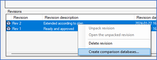 Figure 96:  Two revisions are selected. After a right-click on the selection, "Create comparison databases..." is selected in the context menu.