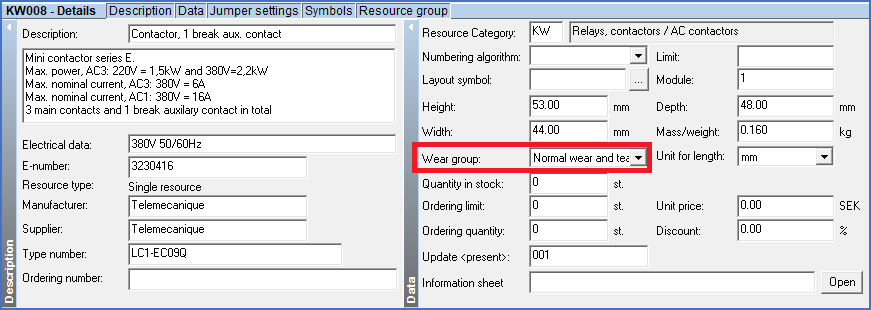 Figure 325: Each resource in the Catalogue has a wear group assigned to it.