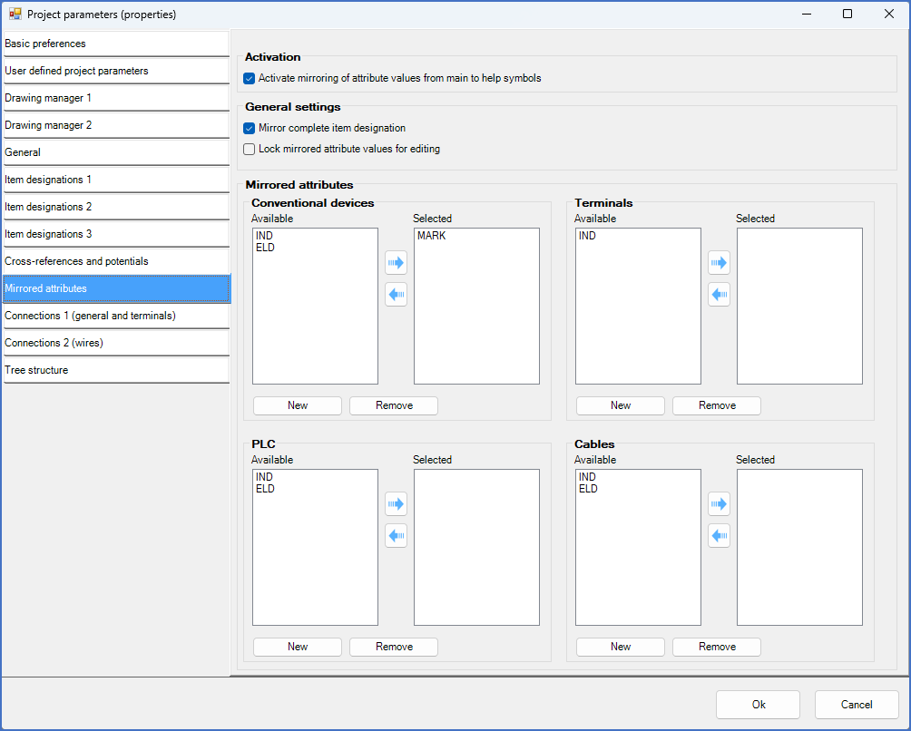 Figure 442:  The "Mirrored attributes" tab of the Project Parameters dialogue box.