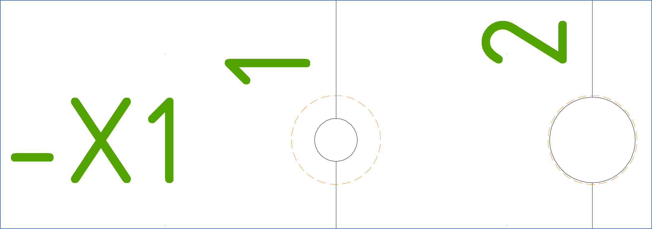 Figure 453:  This figure shows one small and one large terminal symbol with the imaginary circle used for the calculation of connections to terminals showed in dashed orange.