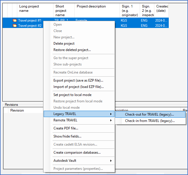 Figure 222:  Select the projects that you want to check-out, right-click, select "Project travelling" and finally "Check-Out for Travel" in the context menu.