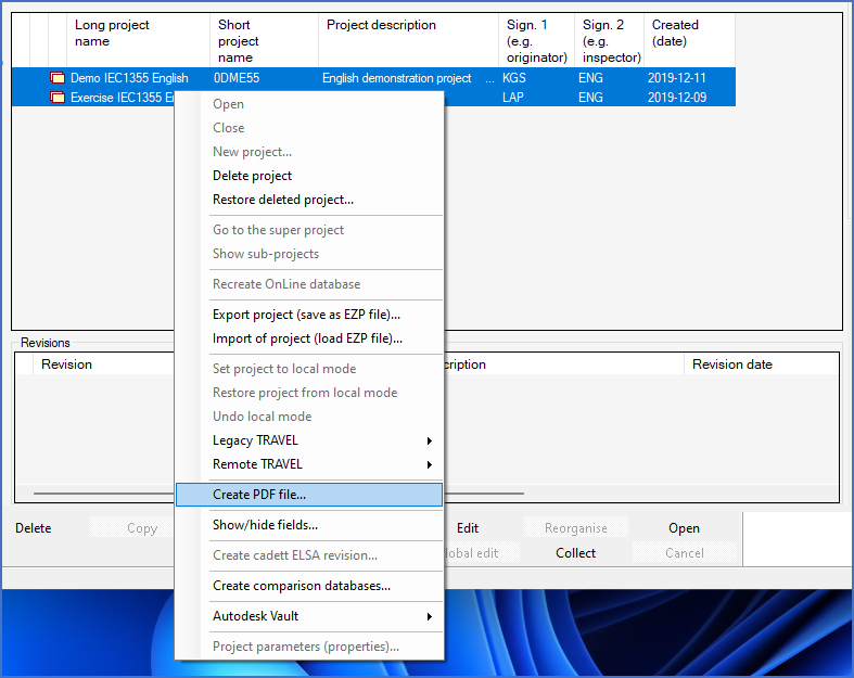 Figure 193:  Select the projects that you want to create PDF files for. Right-click and select "Create PDF file" in the context menu.