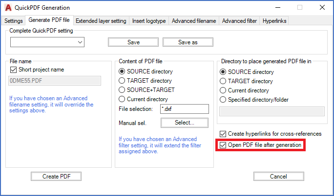 Figure 967:  The "Open PDF file after generation" option