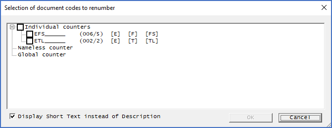 Figure 647:  The dialogue box showing short texts for document codes