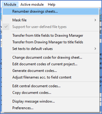 Figure 555:  The "Renumber drawing sheets..." command in the "Module" pull-down menu