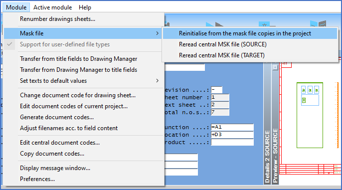 Figure 561:  The "Reinitialise from the mask file copies in the project" command is located in a sub-menu of the "Module" pull-down menu.