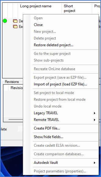 Figure 83:  The context menu for the detailed projects list to the right in the Project Module