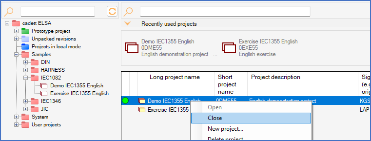 Figure 84:  An open project can be closed using the "Close" command in the context menu of the detailed projects list.