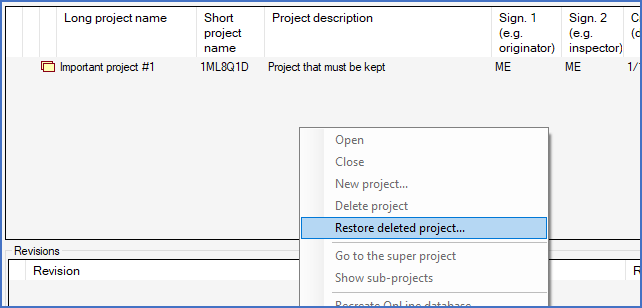 Figure 87:  The "Restore deleted project..." command in the context menu of the detailed projects list