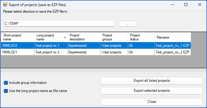Figure 163:  Export of projects (save as EZP files)