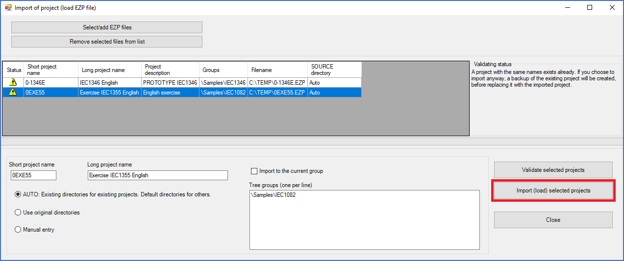 Figure 188:  You start the import process for one or many selected projects using the "Import (load) selected projects" button shown here.