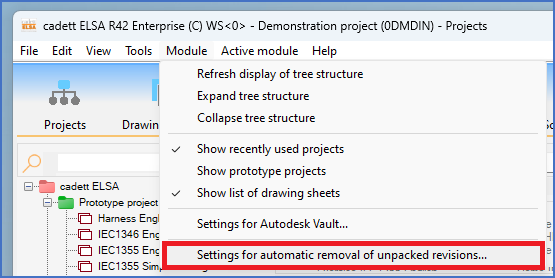 Figure 104:  The "Settings for automatic removal of unpacked revisions..." command in the "Module" pull-down menu of the Project Module