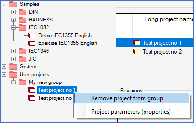 Figure 110:  You can remove a project from a group by right-clicking the project directly in the tree, like shown here.