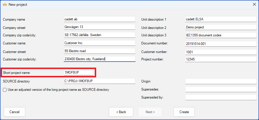 Figure 143:  The "Short project name" is defined in the field shown above. Please accept the default to avoid problems that may otherwise occur.