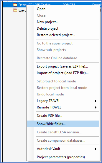 Figure 203:  To customise the appearance of the detailed projects list, you select the "Show/hide fields" command in the right-click menu.