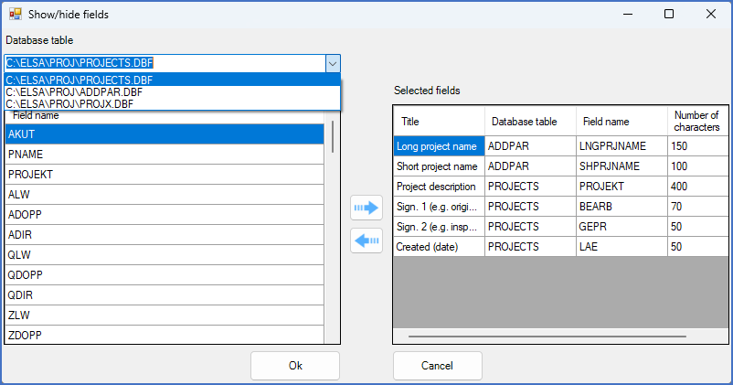 Figure 207:  The drop-down list in the Database field in the top left is used to decide which database file to select fields from.