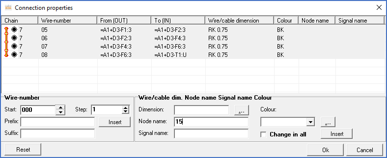 Figure 1336: Four wires have been selected and a new node name ("15") has been typed in the "Node name" field.