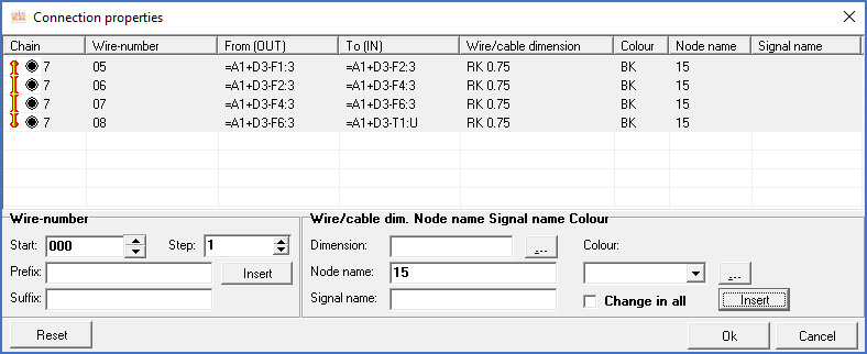 Figure 1337: After pressing the "Insert" button, the specified node name is visible for all four wires in the dialogue box.