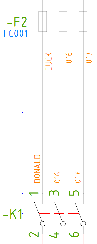 Figure 1345: The wire between -K1:1 and -F2:2 is incorrectly numbered, as opposed to the two other wires that are shown here.