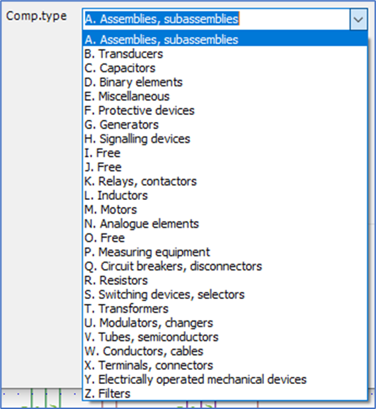 Figure 814: Selection of component type letter code