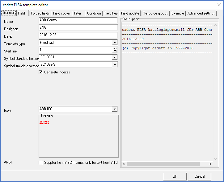 Figure 1584:  The "General" tab contains name, description, type of template and similar information. The Example above is a template for import of fixed width text files.