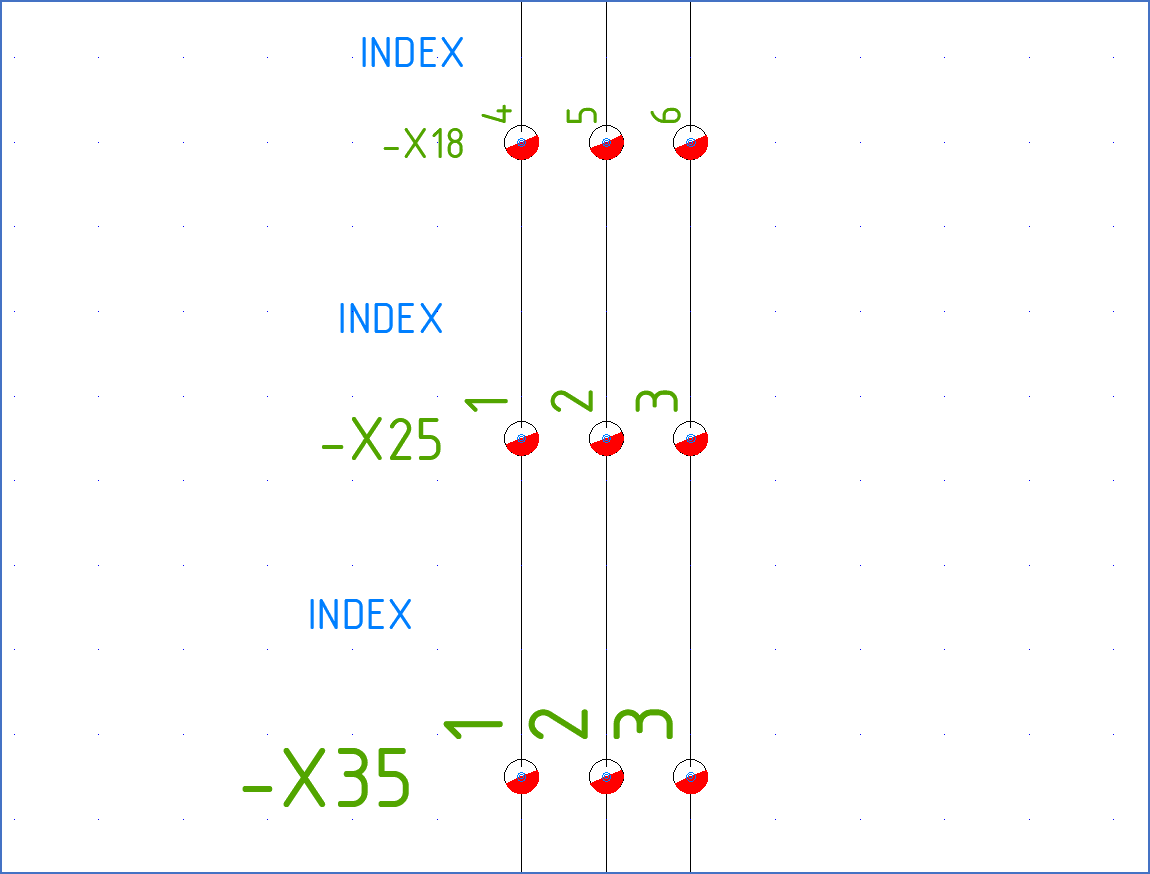 Figure 1267:   The -X25 terminal group in the middle has the standard 2.5 mm text size. -X18 uses 1.8 mm, while -X35 uses 3.5 mm text size.