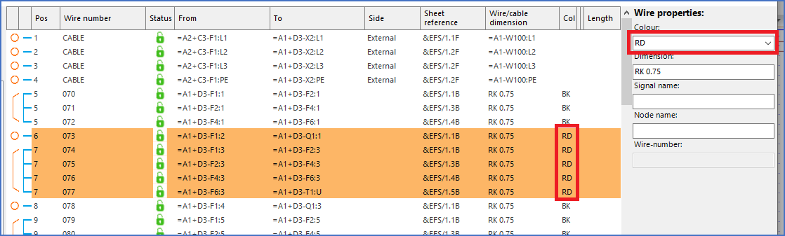 Figure 1795: The colour has been changed for the selected wires. The next step is to transfer the changes from the wire-list to the circuit diagrams using the "Apply" button.