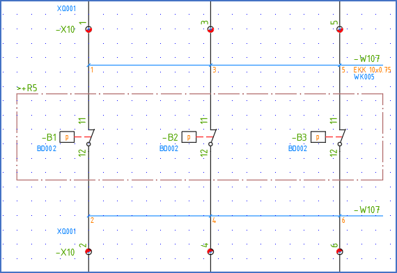 Figure 1395:  In this example, the upper three cable cores of -W107 have been created with the "New" option. The three lower cable cores have been created separately with the "Add" option.