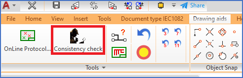 Figure 1277:  The "Consistency check" feature is started from the "Tools" panel of the "Drawing aids" tab in the ribbon menu, as shown here.