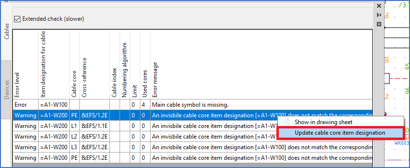 Figure 1283:  With the context menu, you can select to update cable cores with the correct item designation, if it is incorrect.