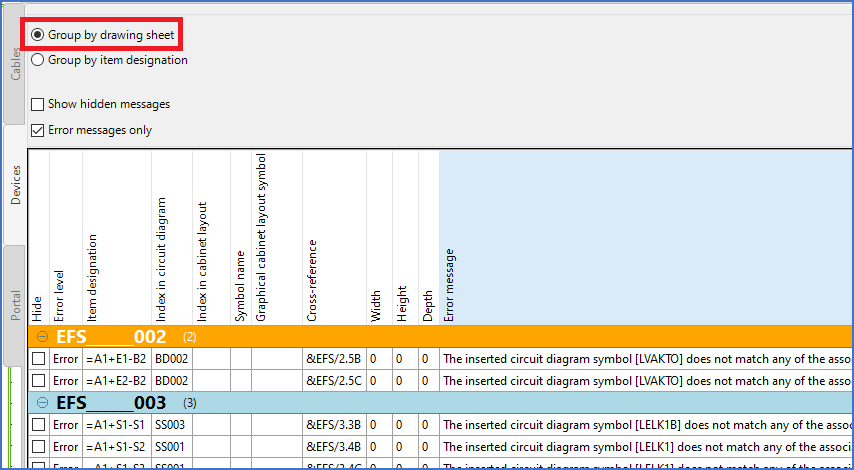 Figure 1286:  "Group by drawing sheet" is active.