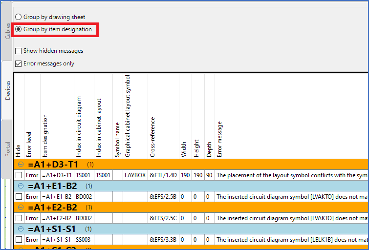 Figure 1287:  "Group by item designation" is active.