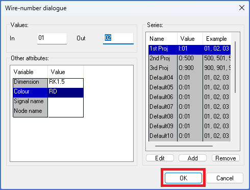 Figure 1273:   The "OK" button in the "Wire-number dialogue"