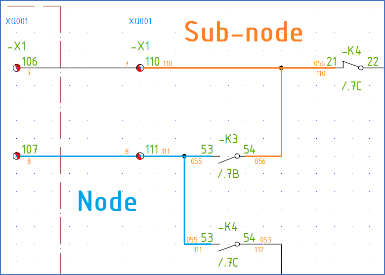 Figure 1248:   An example of a "sub-node" is coloured orange here, while an example of a "node" is coloured light blue. Please note that a node goes through terminals while sub-nodes do not.