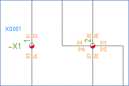 Figure 1249:   Terminal number 1 is connected with four wires, two on each side. Terminal number 2 is connected with eight wires, four on each side. Each line may represent up to two wires.