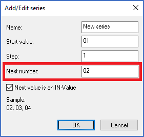 Figure 1269:   The "Next number" field in the "Add/Edit series" dialogue