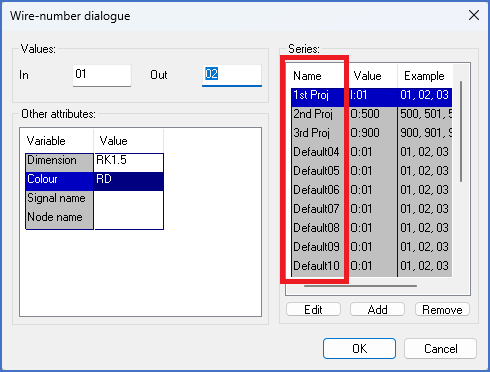 Figure 1266:   The "Name" column in the "Series" section of the "Wire-number dialogue"