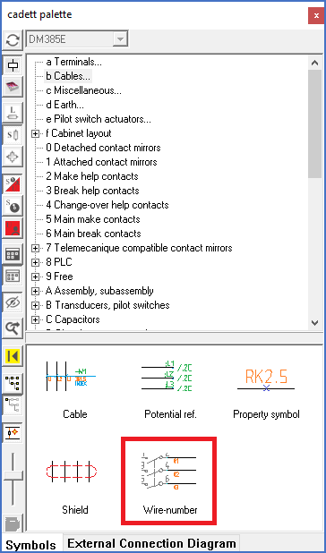 Figure 1250:   The "Wire-number" command is found in the "Cables" resource category in the "Symbol Insert Tool".