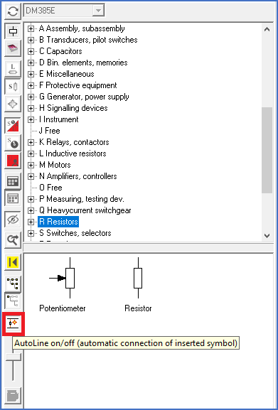 Figure 1100:   A resistor is a nice example of a symmetric symbol without direction. The "AutoLine" feature is turned on or off using a button to the left.