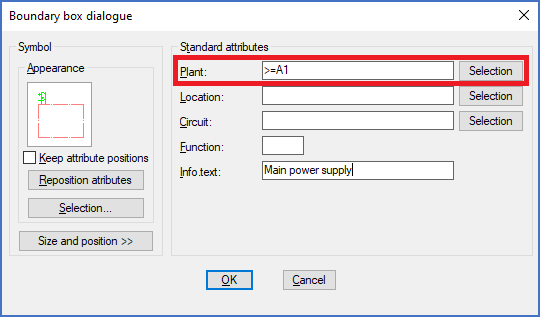 Figure 837:  The "Plant" field is used for the "function aspect" as defined by IEC1346. The ">" character means that "=A1" is on the top level.