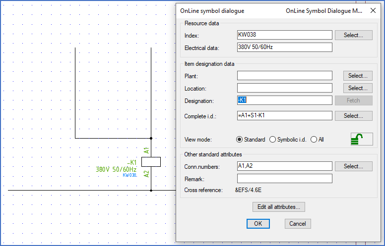 Figure 884:  Line break is performed; index and electrical data are entered, and a default item designation is generated automatically.