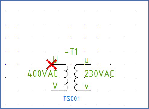 Figure 1289: &nbsp; A horizontal symbol is inserted in the current drawing sheet as shown here. The red cross is not shown in reality. It has been added for clarity and represents the insertion point.