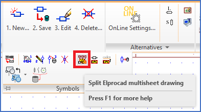 Figure 796: The "Split Elprocad multi-sheet drawing" command is found in the "Symbols" slide-out panel.