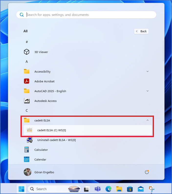 Figure 2339: &nbsp;This figure shows an example of cadett ELSA in the Start Menu of an English Windows 11. The appearance differs depending on operating system settings.
