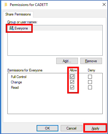 Figure 2368: &nbsp;Select "Everyone" and make sure that you allow "Full control", "Change", and "Read".